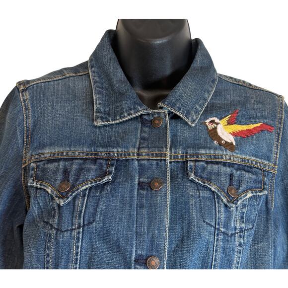 Tommy Hilfiger Denim Jacket Embroidered Bird Heart Patch Blue Trucker Womens M - Picture 2 of 11